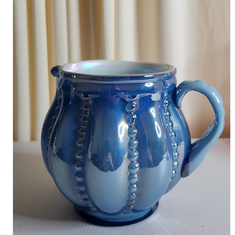 Vintage Fenton Twilight Blue Overlay Beaded Melon Glass Squat Pitcher